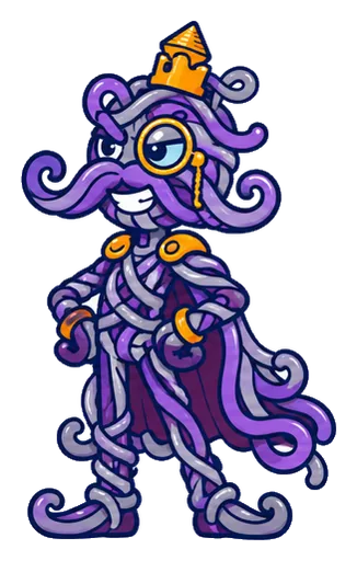Baron Spaghetti, a villain made of purple spaghetti strands with a curly moustache, a monocle and a little gold crown
