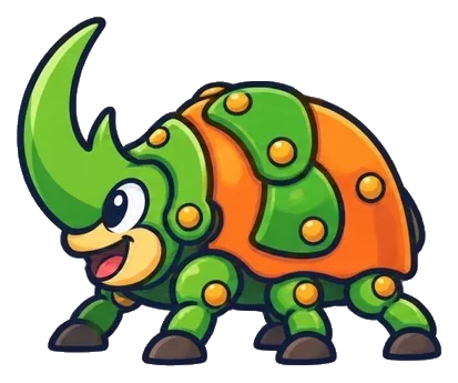 Bulldozer Beetle, a giant green and orange beetle with a curved horn