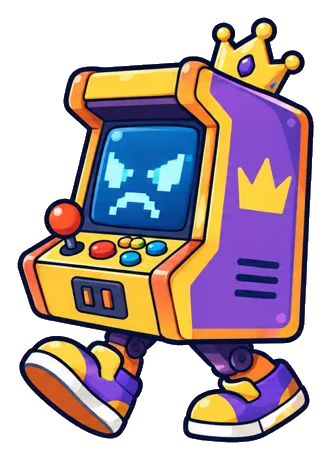 Cabinet King, a walking purple and yellow arcade cabinet wearing a crown