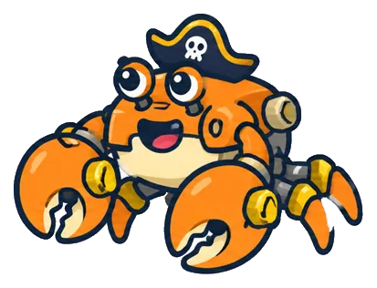 Captain Clamp, a big orange crab in a pirate hat