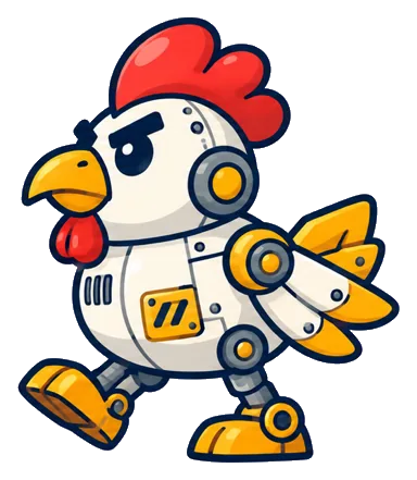 Cluckzilla, a giant white robot hen with a red comb