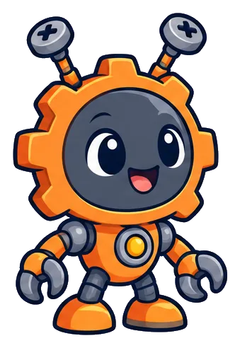 Gear Gremlin, a cheerful orange gear-bot with antenna bolts and wrench hands