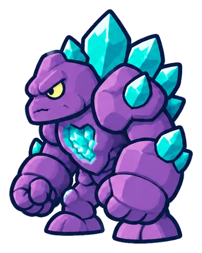 Geode Golem, a purple rock giant with teal crystal spikes