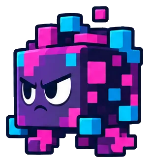Glitch, a purple and pink pixel gremlin
