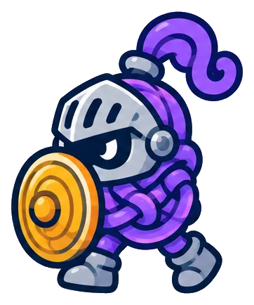 Knot Knight, a purple yarn guard in a helmet with a spool-lid shield