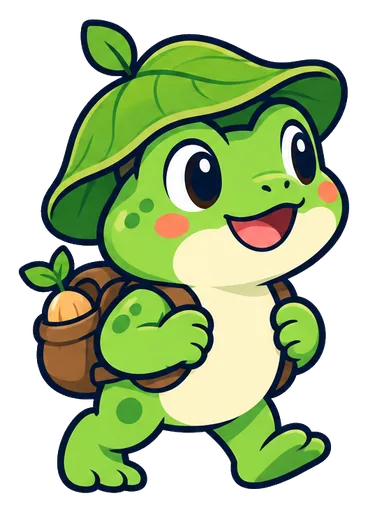 Moss, a chubby green frog with a leafy hat and a backpack