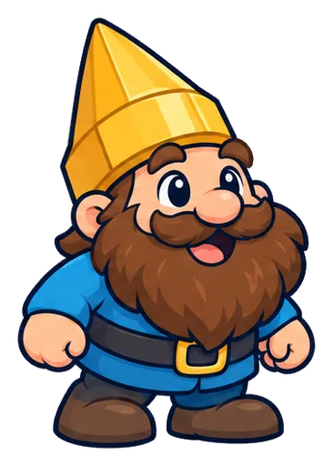 The Nozzle Gnome, a bearded gnome with a tall gold printer-nozzle hat