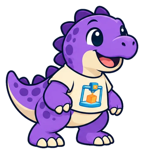 Rexinold, a happy purple dinosaur in a maker T-shirt