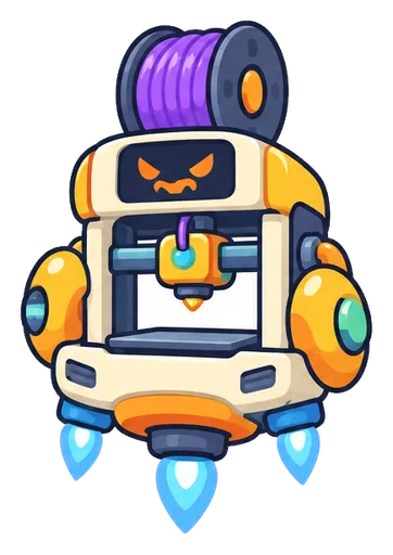 Robo-Printer 3000, a flying orange and white 3D printer with an angry screen face