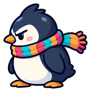 Slushy, a penguin in a striped knitted scarf