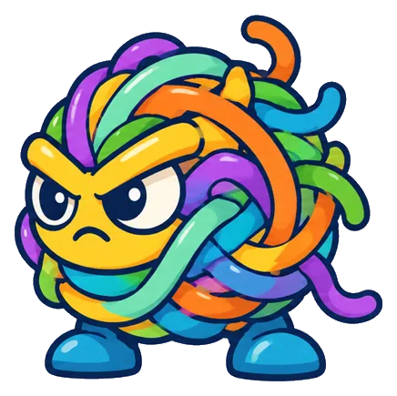 Snarl, a huge grumpy ball of tangled rainbow filament on little blue feet