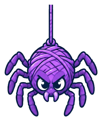 Stringer, a purple yarn spider hanging from a thread