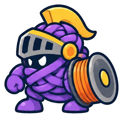 Tangle Champion, a purple yarn guard with a gold-plumed helmet and a spool shield