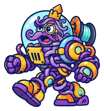 The Tangle Mech, a purple and gold robot suit with a glass dome cockpit
