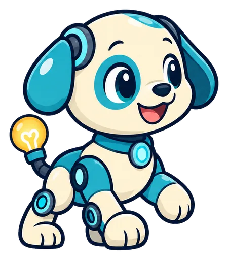 Volt, a little white and blue robot pup with a light-bulb tail