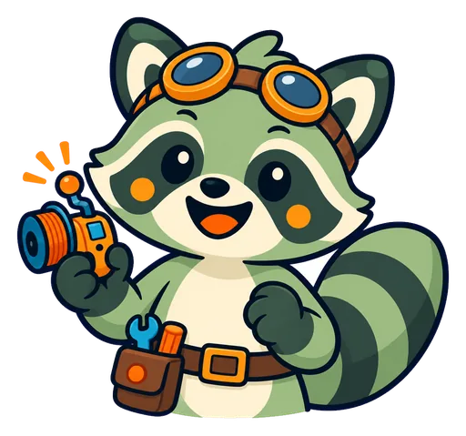 Widget grinning and holding up a little gadget