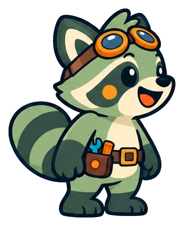 Widget, a sage-green raccoon with orange goggles and a tool belt