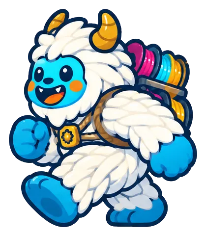 Yarn Yeti, a big fluffy yeti of white knitted yarn with blue paws