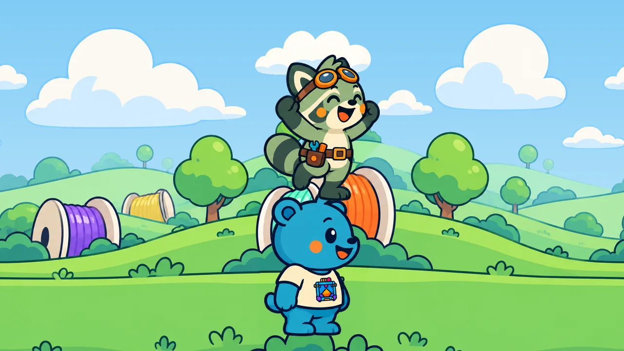 Illustration made from game art: Widget cheers while standing on Pip's head in a sunny meadow