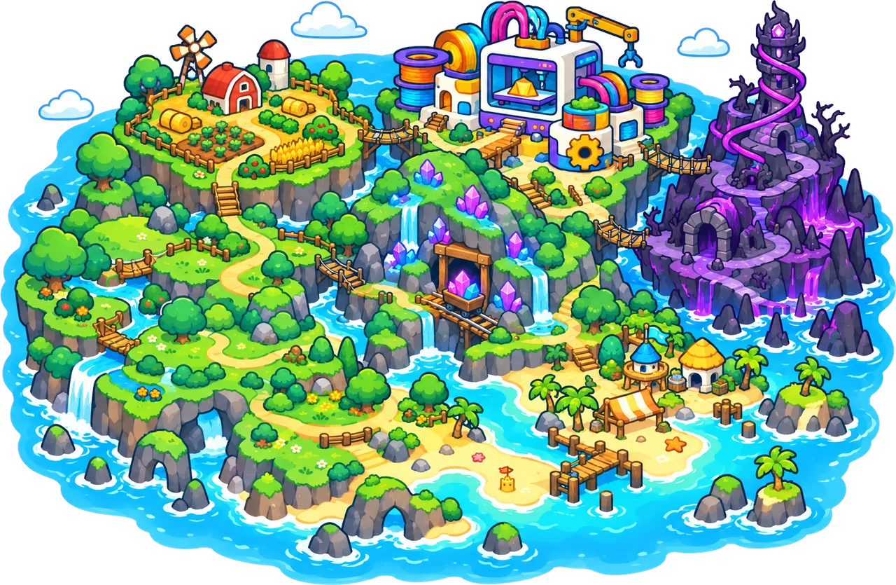Spool Island seen from above: meadows, a farm, beaches, crystal caves, a big printer workshop in the middle and a dark tangled tower and factory on the right