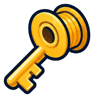 A golden key with a spool-shaped handle