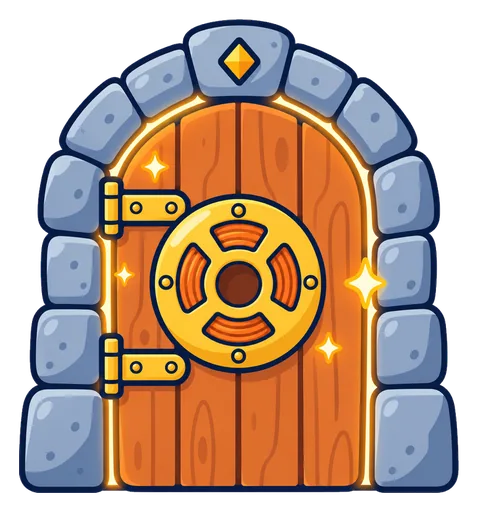 The Secret Door, a round-topped wooden door with a gold spool lock in a stone arch