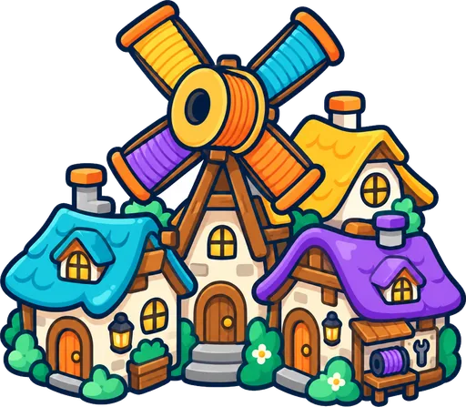 Maker Village map icon: cosy cottages under a spool windmill