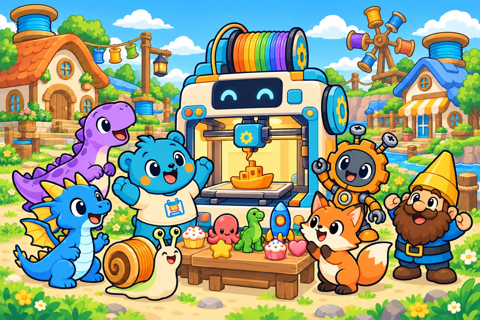 Making Day: Pip and his friends gather around the Great Printer in Maker Village, printing toys and treats together