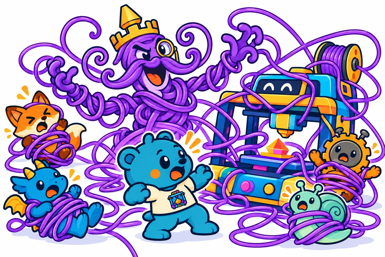 The Big Tangle: Baron Spaghetti tangles up the Great Printer, and purple filament wraps around Pip's friends