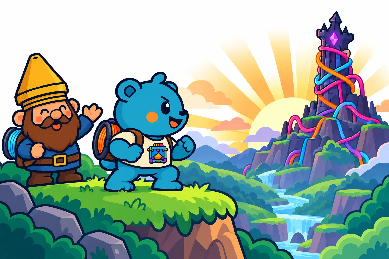 Off You Go, Pip!: the Nozzle Gnome waves Pip off from a grassy cliff, with the tangled tower far away in the sunrise