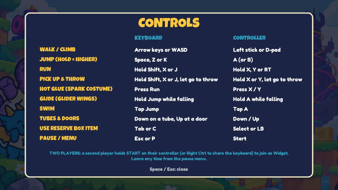 Controls screen listing keyboard and controller buttons for every action