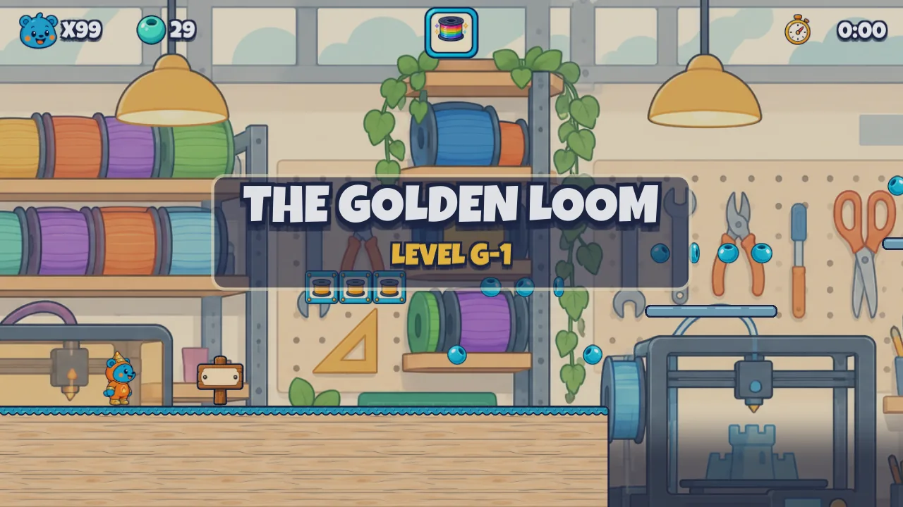 The Golden Loom, level G-1, a bonus level in a workshop full of spools