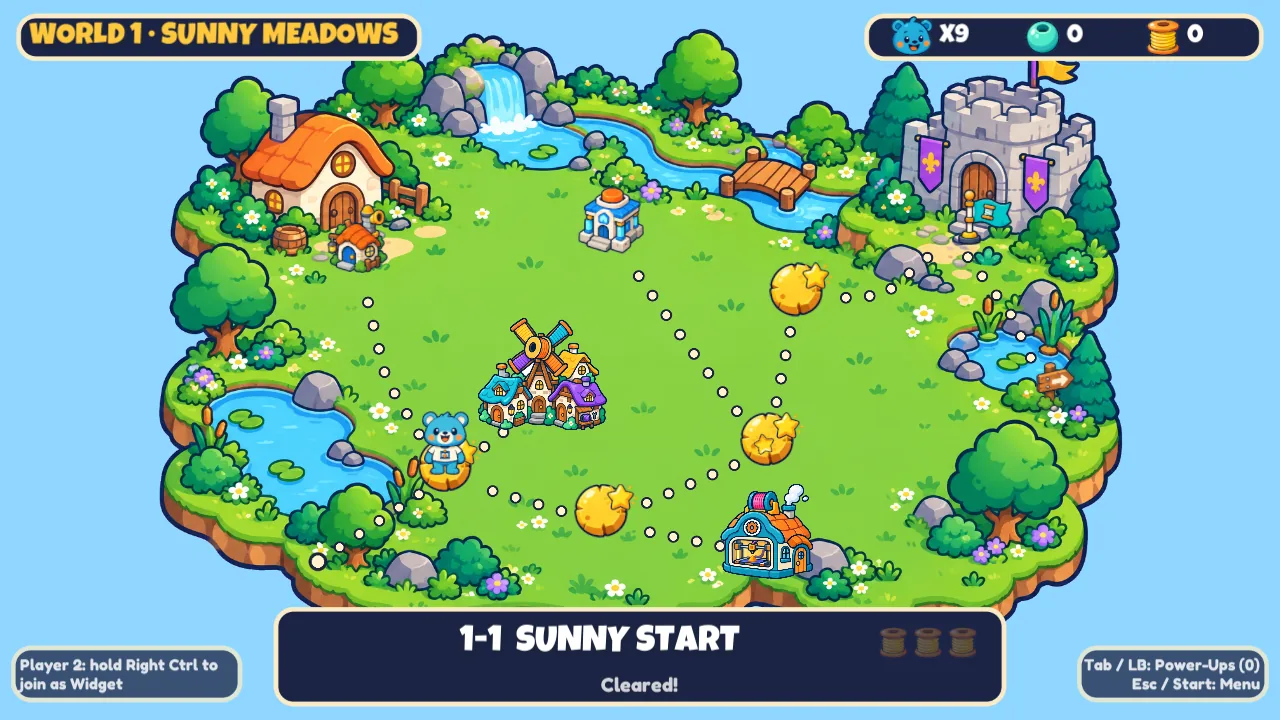 In-game map screen for World 1, Sunny Meadows: Pip stands on a path of dots between level stops, with the level 1-1 selected