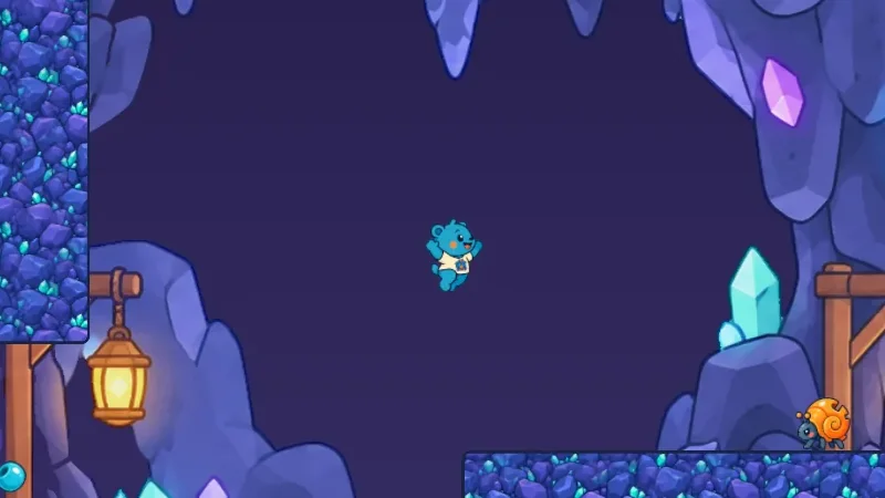 Bead Burrow: an underground cave lit by lanterns and glowing purple and blue crystals