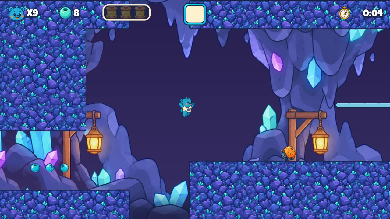 Bead Burrow: an underground cave lit by lanterns and glowing purple and blue crystals