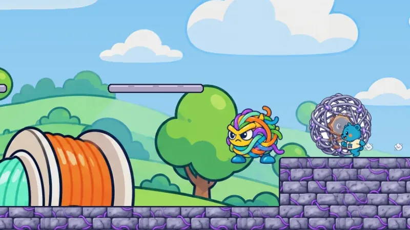 Gear Gremlin's Fort: Pip faces Snarl, a huge ball of tangled rainbow filament, with Gear Gremlin trapped in a tangle cocoon on the right