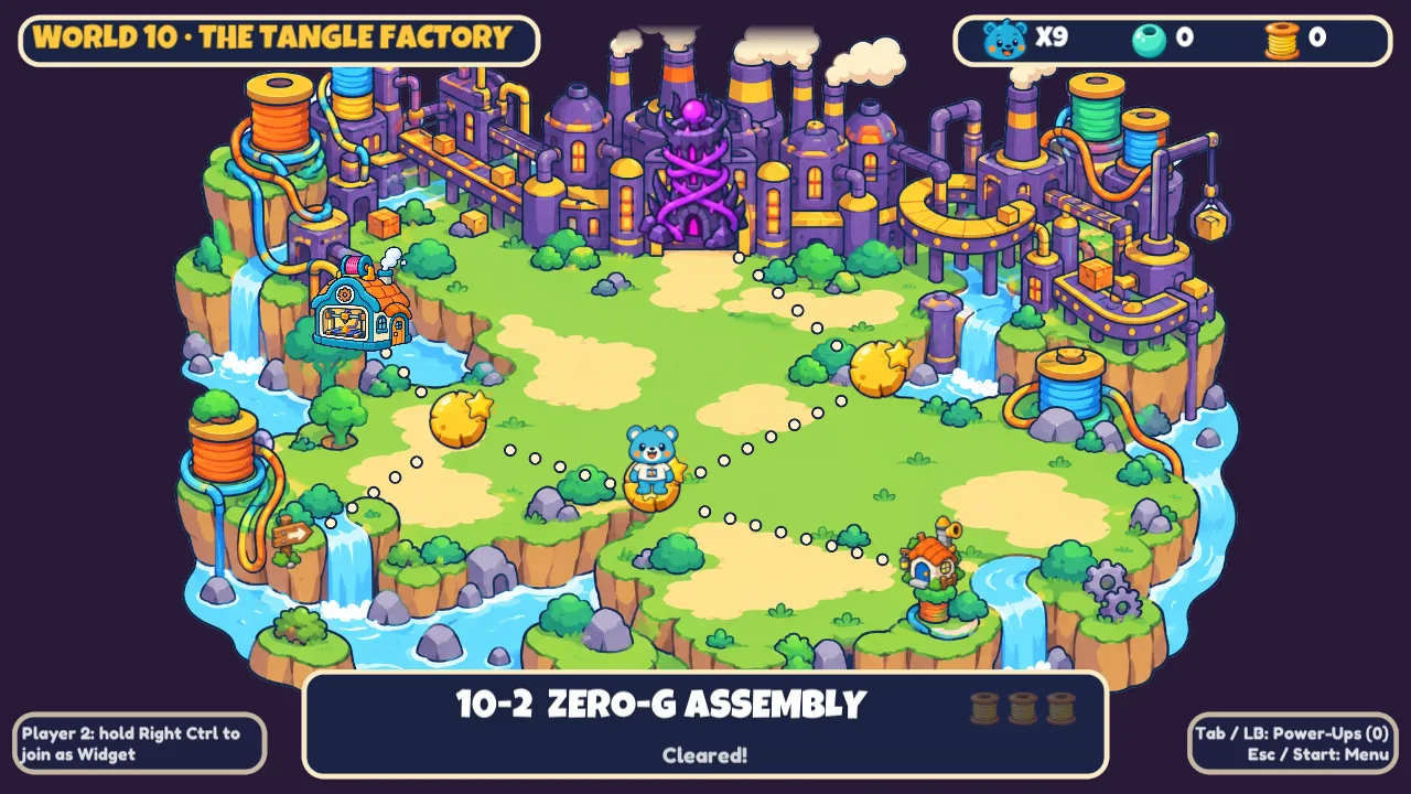 In-game map screen for World 10, The Tangle Factory: Pip stands on a path of dots between level stops, with the level 10-2 selected
