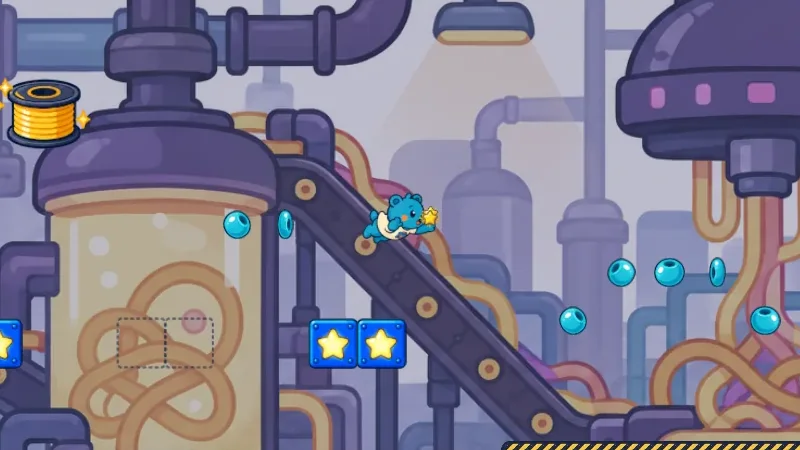 Tangle Works: conveyor ramps, tanks of tangled filament and floating beads in the factory