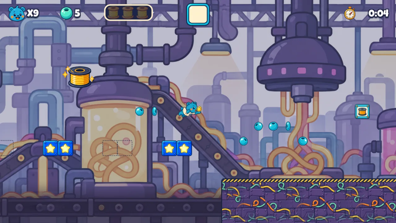 Tangle Works: conveyor ramps, tanks of tangled filament and floating beads in the factory