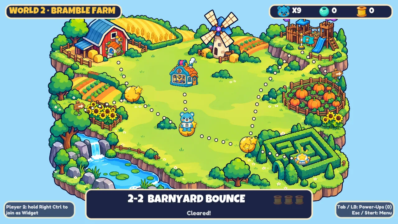 In-game map screen for World 2, Bramble Farm: Pip stands on a path of dots between level stops, with the level 2-2 selected