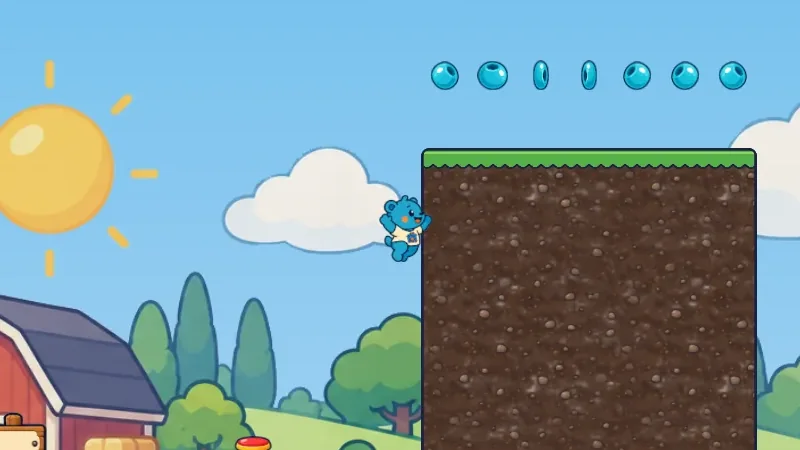 Barnyard Bounce: a red barn and a windmill under a smiling sun, with a trail of beads above a tall dirt ledge