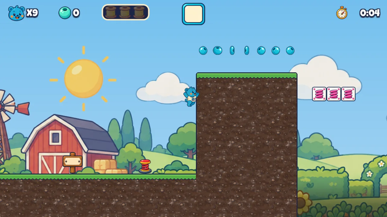 Barnyard Bounce: a red barn and a windmill under a smiling sun, with a trail of beads above a tall dirt ledge