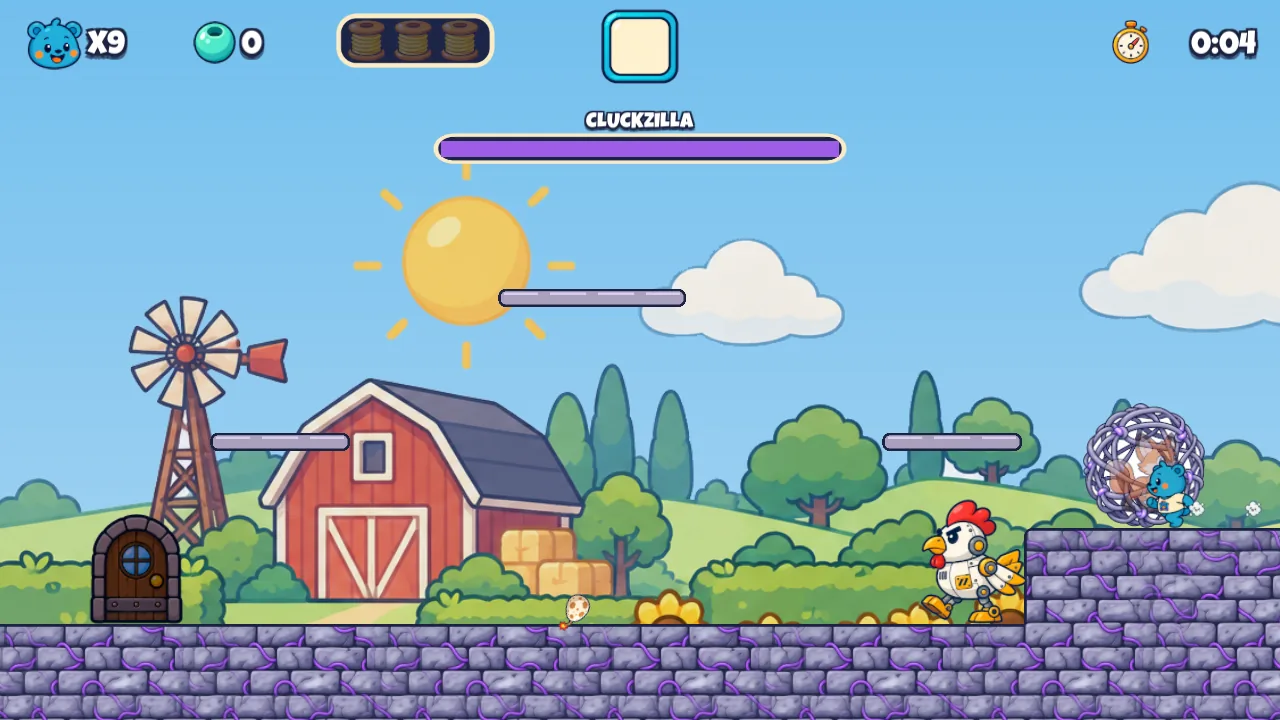 Rusty's Fort: Pip faces Cluckzilla, a giant robot hen, beside the barn, with Rusty trapped in a tangle cocoon