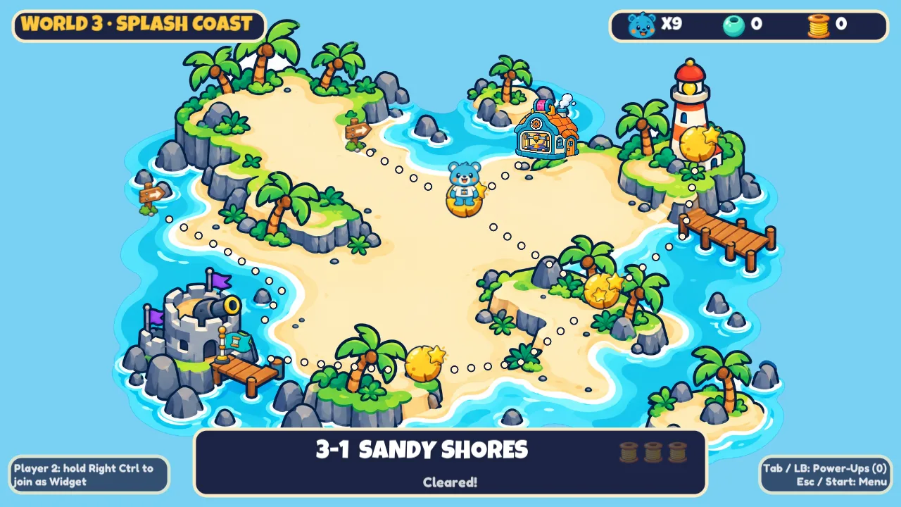In-game map screen for World 3, Splash Coast: Pip stands on a path of dots between level stops, with the level 3-1 selected
