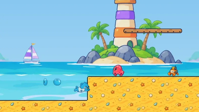 Sandy Shores: a striped lighthouse, palm trees and sailboats on a bright beach