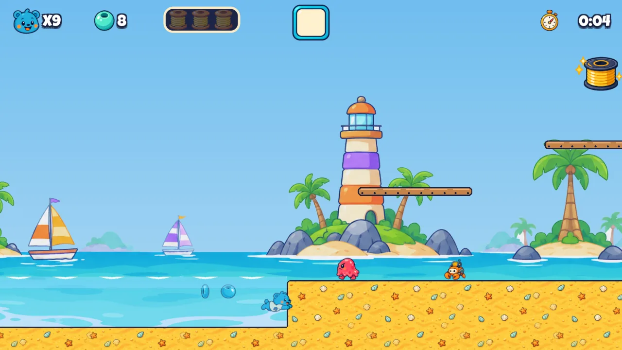 Sandy Shores: a striped lighthouse, palm trees and sailboats on a bright beach