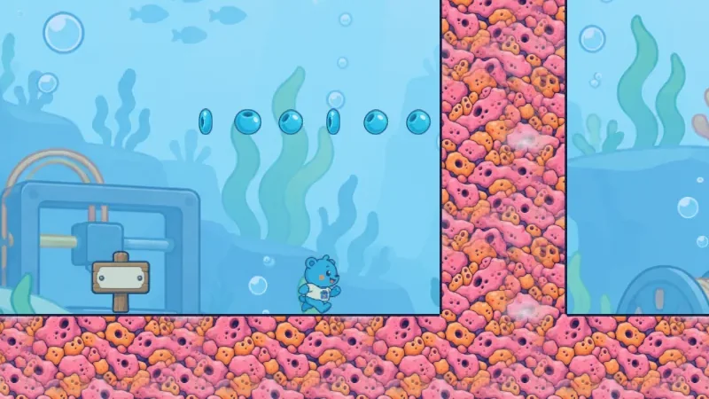 Coral Dive: Pip swims underwater beside a tall coral wall and a line of beads