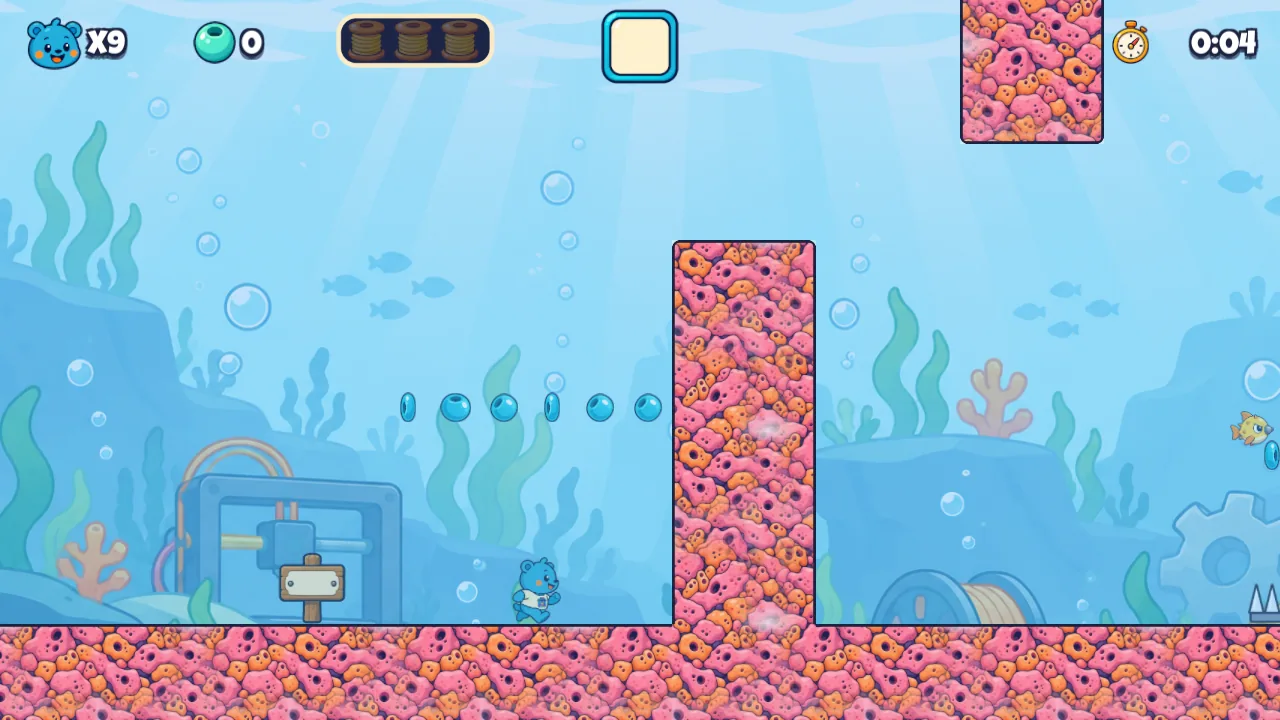 Coral Dive: Pip swims underwater beside a tall coral wall and a line of beads