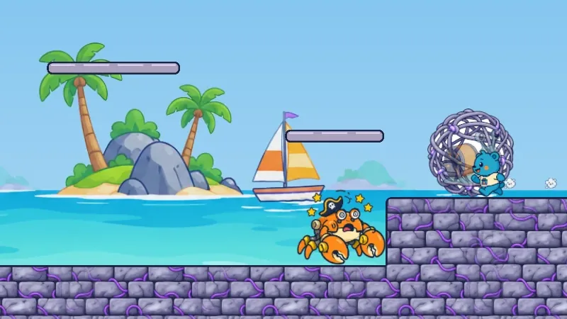 Shelly's Sea Fort: Captain Clamp, a crab captain in a pirate hat, on the beach, with Shelly's tangle cocoon on a stone ledge