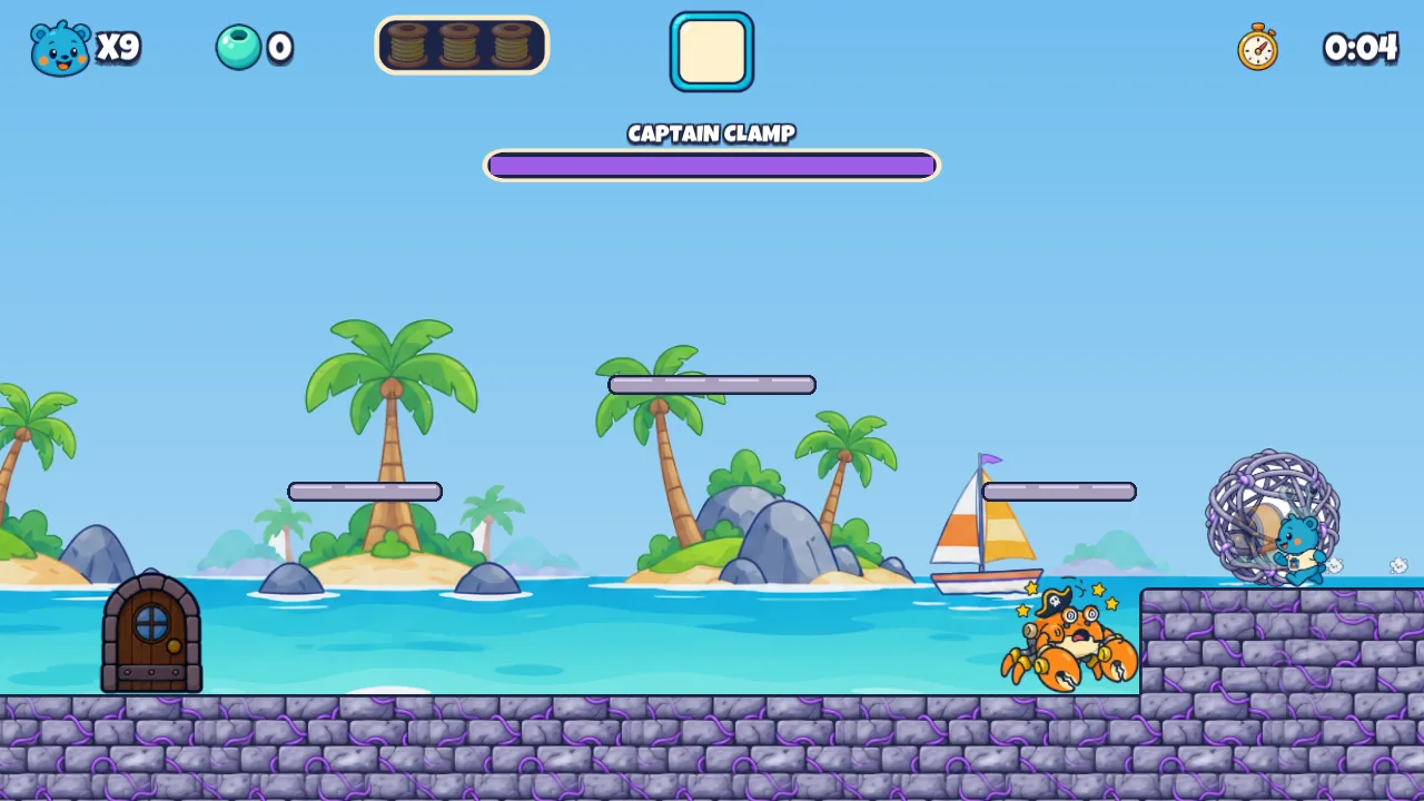 Shelly's Sea Fort: Captain Clamp, a crab captain in a pirate hat, on the beach, with Shelly's tangle cocoon on a stone ledge